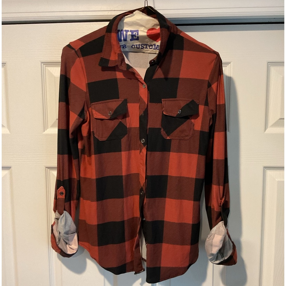 ARDENE Black & Rust Check Plaid Dress Shirt Top Blouse Y2K sz Large, NEW